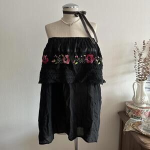 Black embroidered floral ruffle top